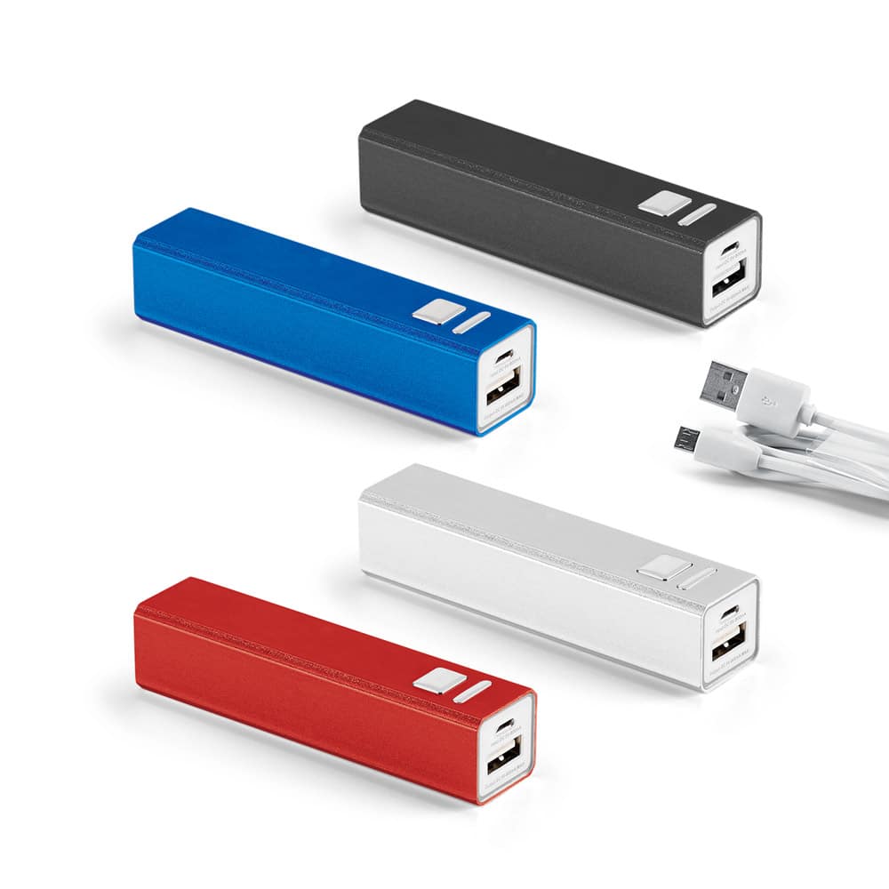 Bateria portátil em alumínio. Bateria de lítio com capacidade de 2.200 mAh