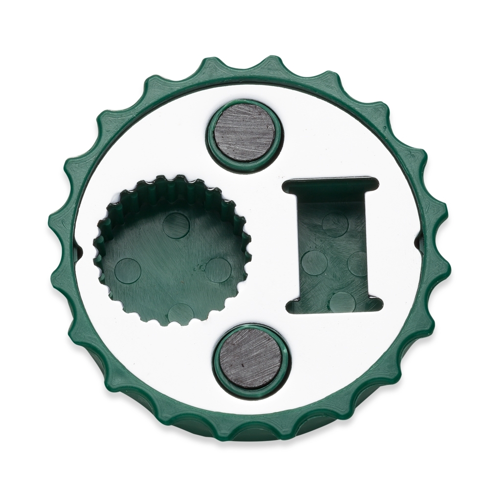 ABRIDOR DE GARRAFA FORMATO TAMPA DE METAL C/ IMÃ DE GELADEIRA  SPX-13324-VD NA COR VERDE