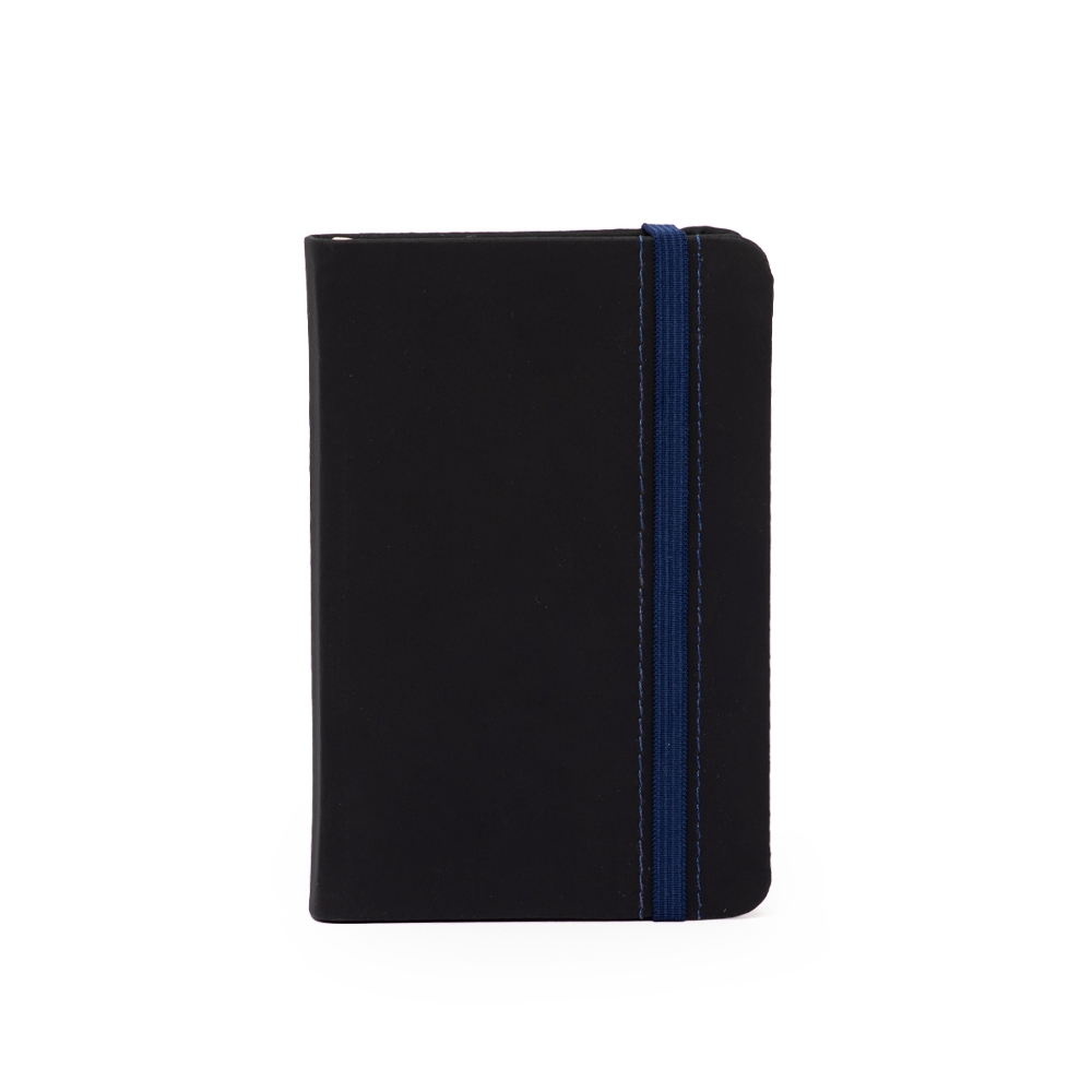 CADERNETA EMBORRACHADA C/COSTURA S/PAUTA SPX-15051-PRE/AZU NA COR PRETO